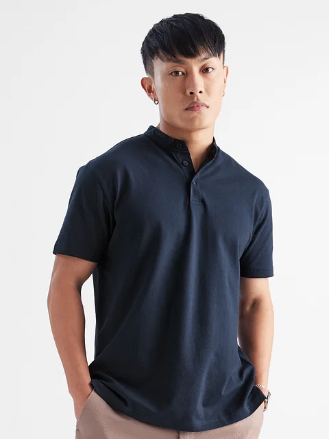 Buy Solids: Navy Men Mandarin Polo Online.