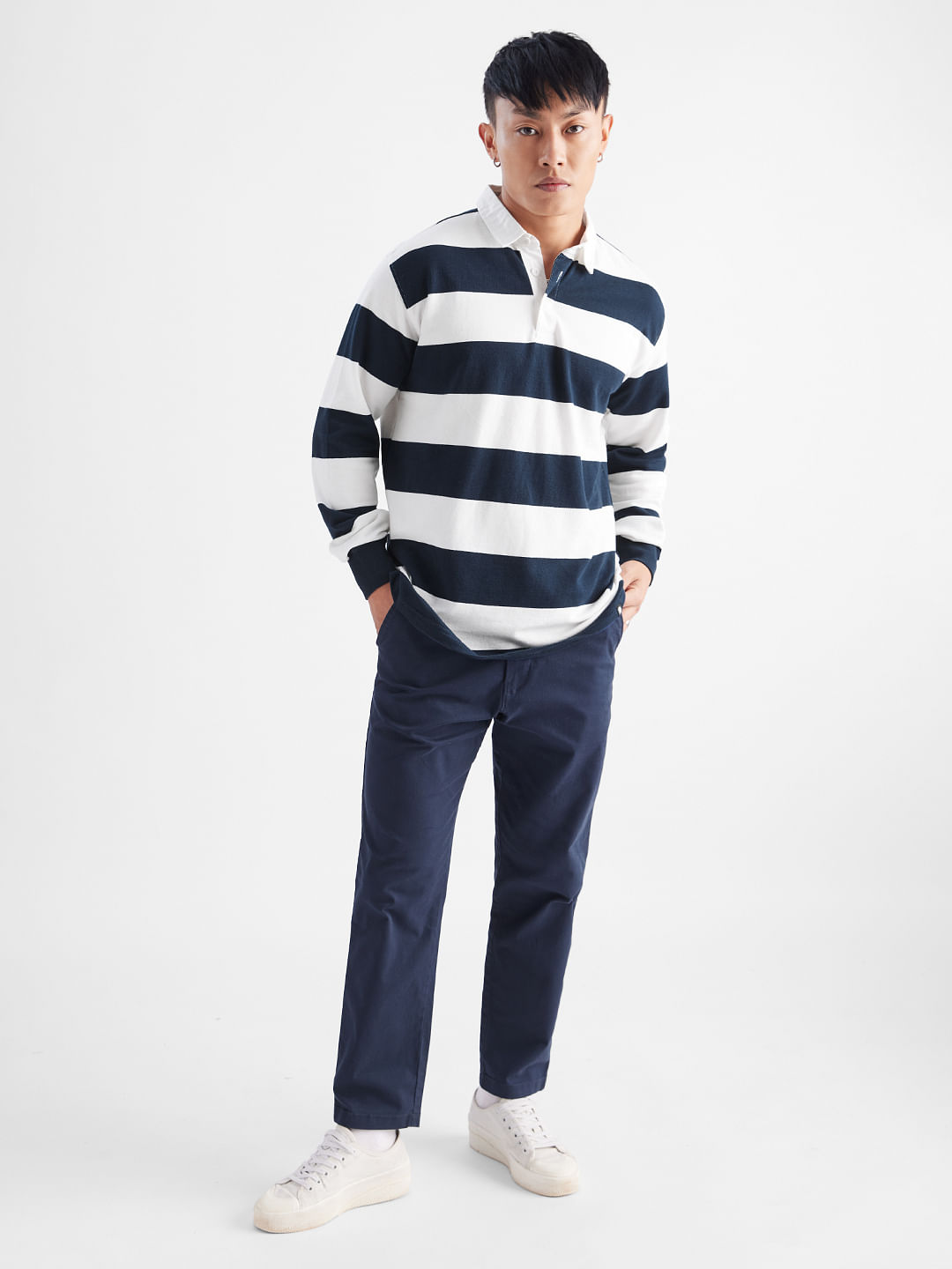 solids navy striped men rugby polos