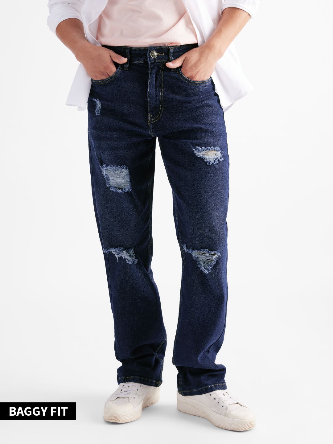 Buy Solids Distressed Blue (Straight Fit) Men Straight Fit Jeans Online