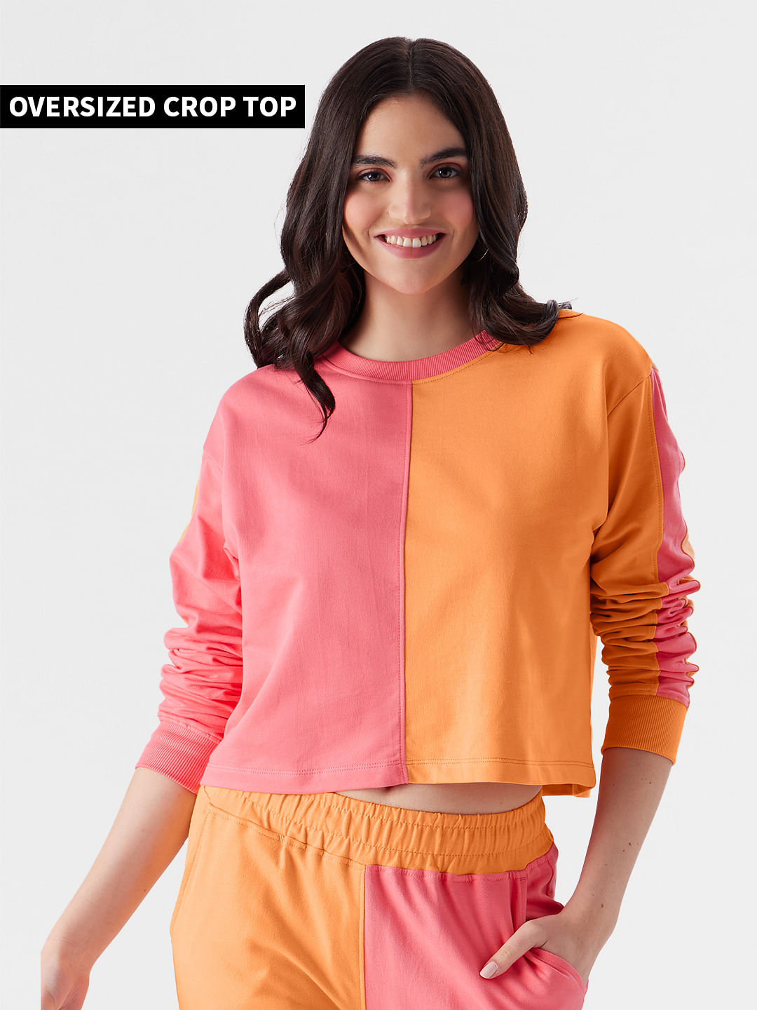 Buy Solids: Orange, Pink (Colourblock) Women Oversized Crop Tops Online