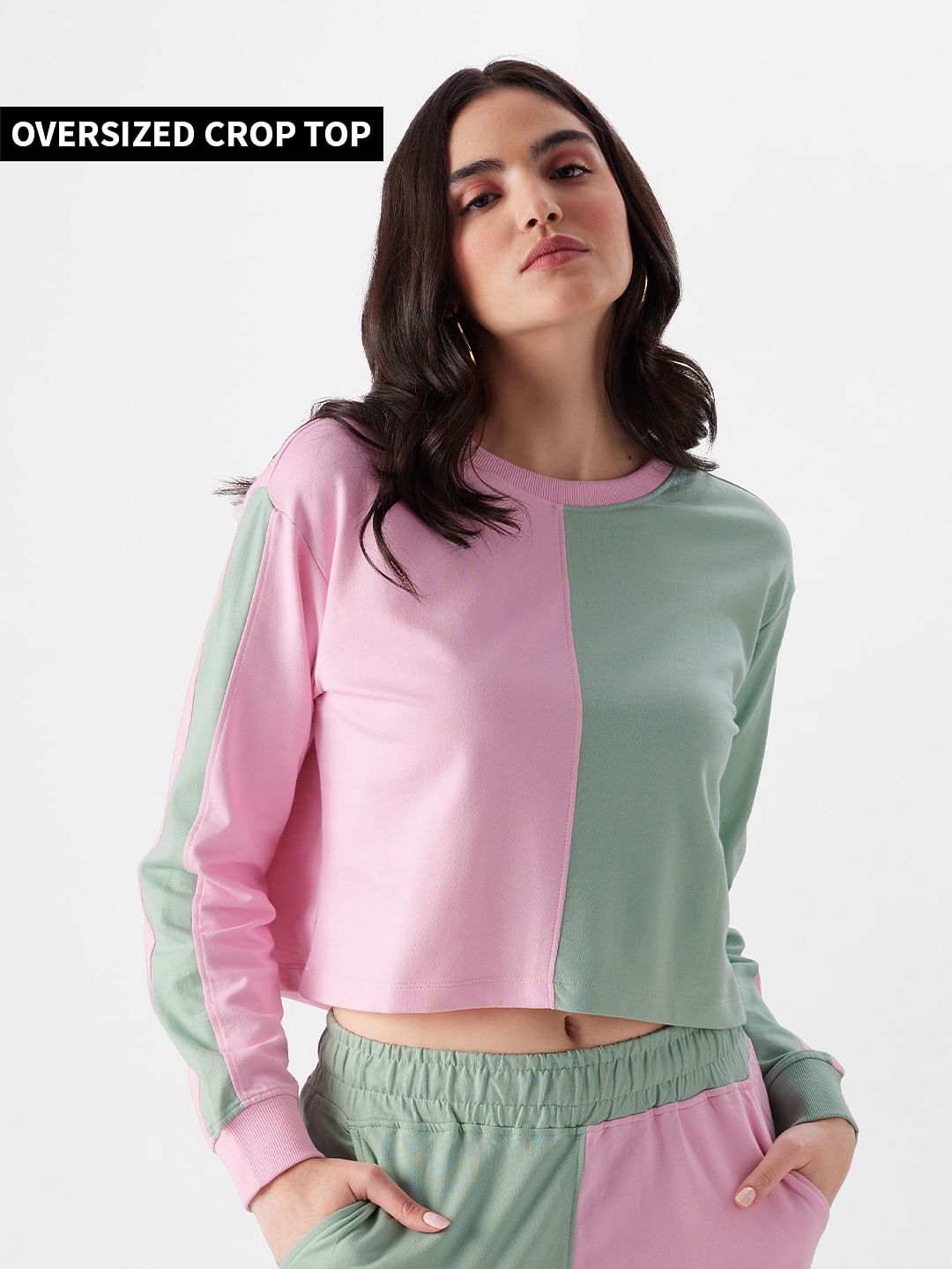 Buy Solids: Green Blush Set (Colourblock) Women Oversized Crop Tops Online