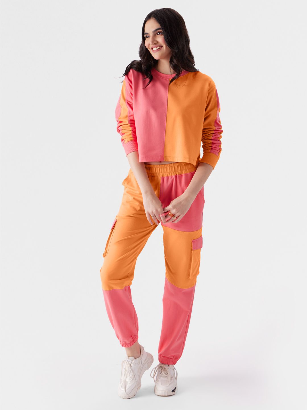 Solids: Orange, Pink (Colourblock) Women Cargo Joggers price