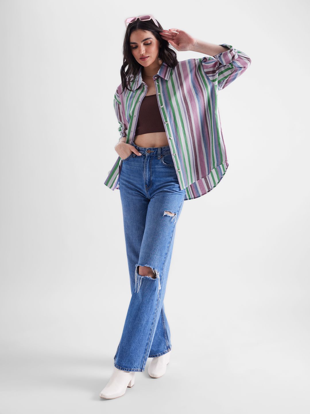 Buy Stripes Rainbow Women Boyfriend Shirt Online