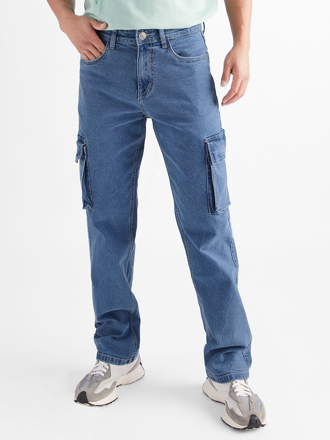 Buy Solids: Mid Blue Men Cargo Jeans Online