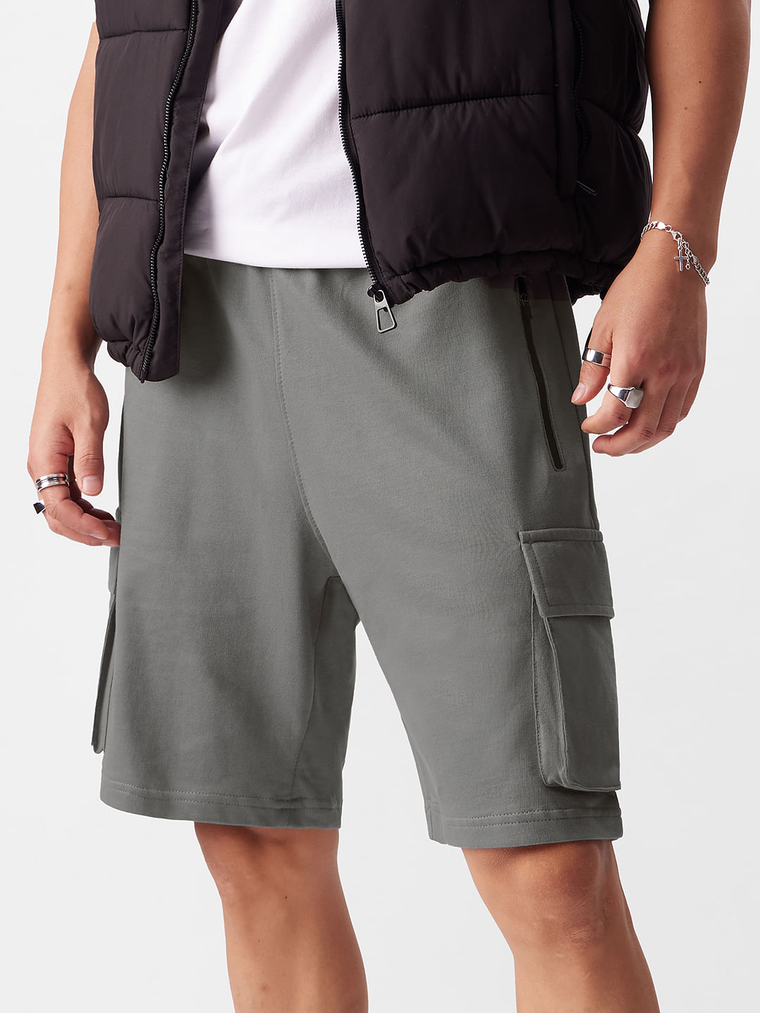 Buy Solids: Smoke Grey Men Cargo Shorts Online