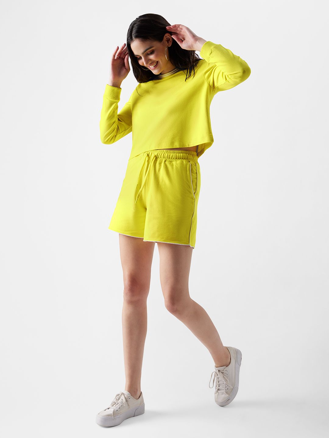 Buy Solids Lemon Yellow Set Womens Oversized Crop Top Online