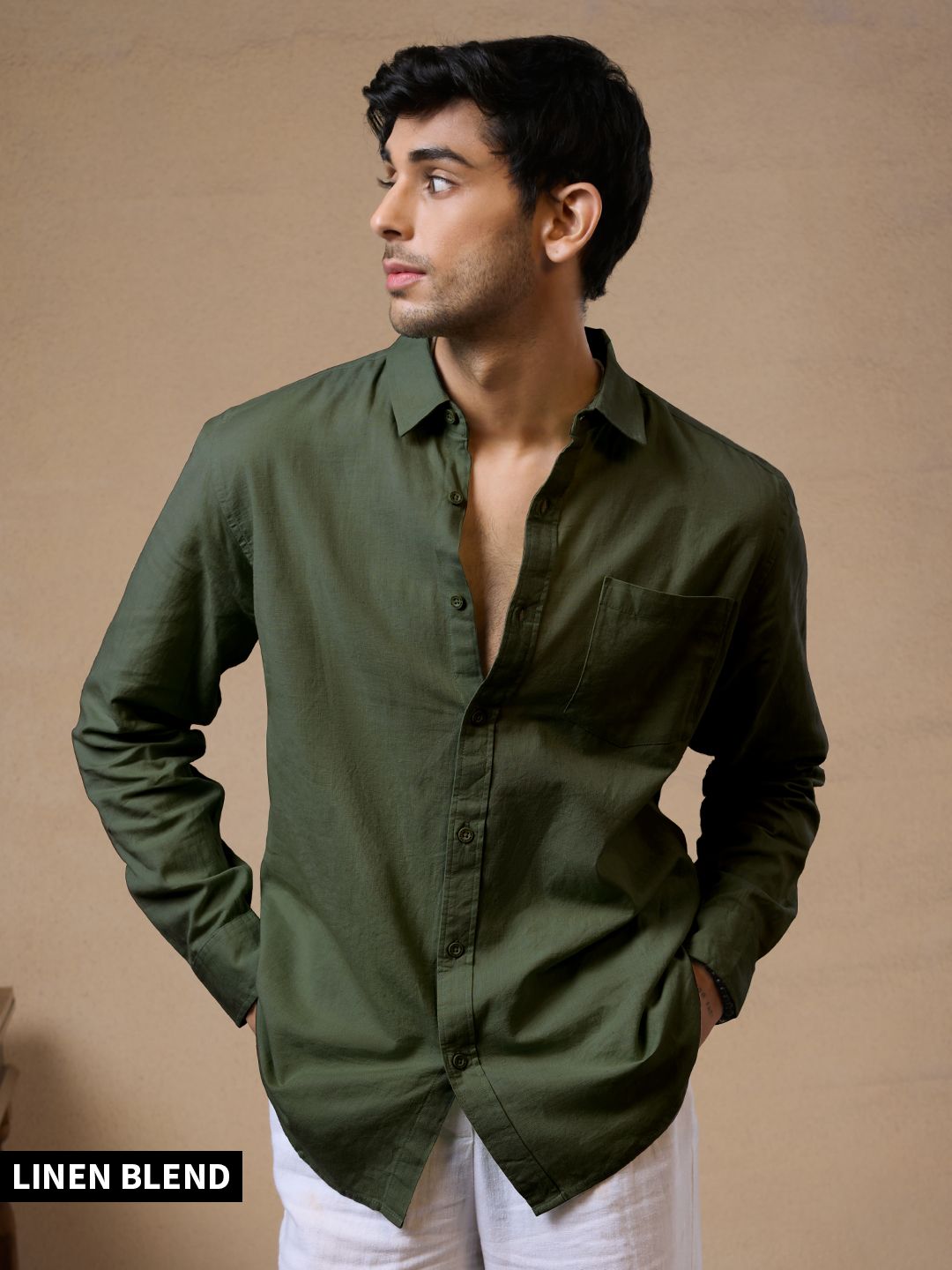 Buy Solids Olive Men Cotton Linen Shirts Online