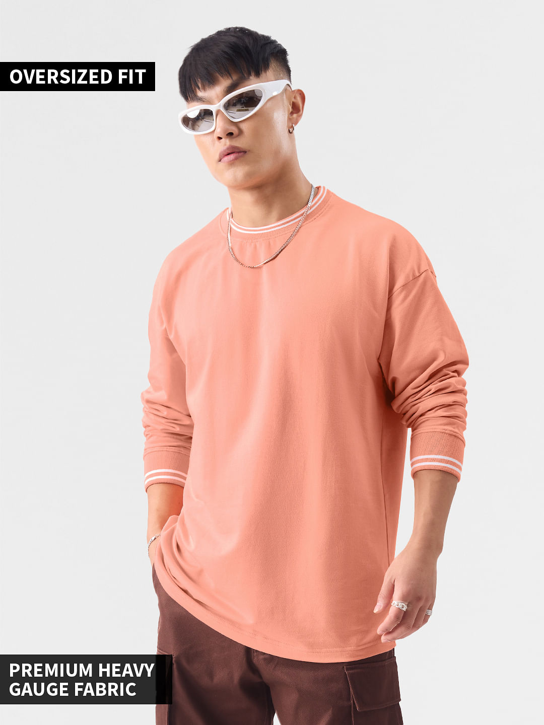 Buy Solids: Peach Oversized Full Sleeve T-Shirt Online