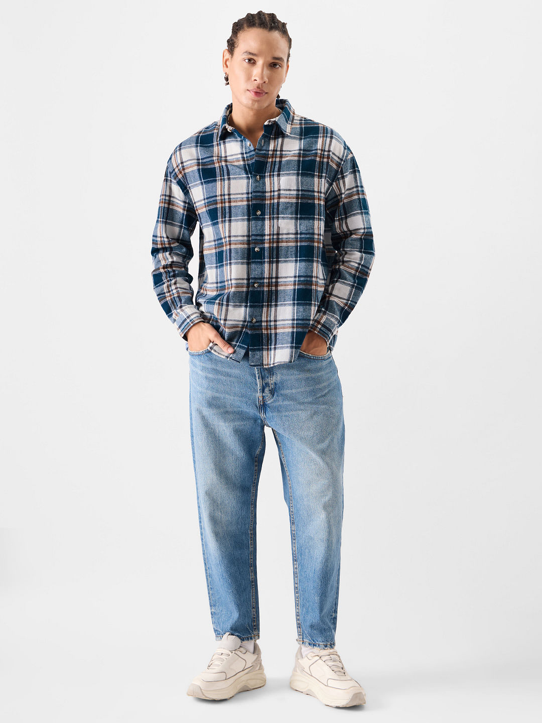 Buy Plaid: Blue And White Men Relaxed Shirts Online