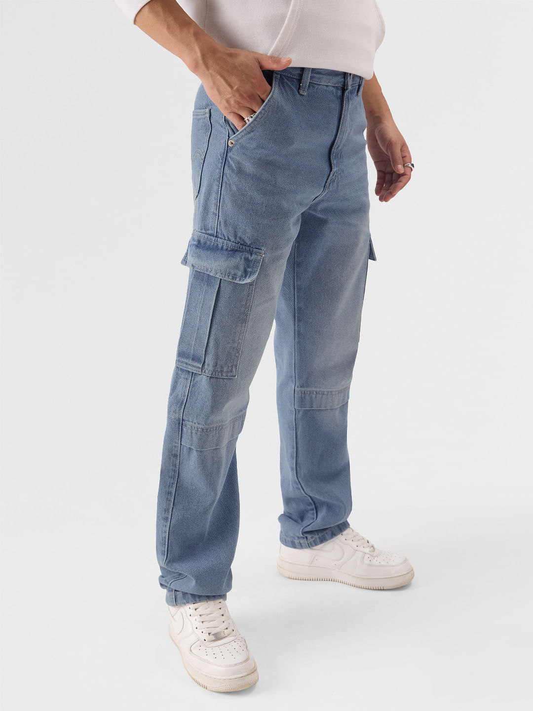 Buy Solids: Azure Blue Men Cargo Jeans Online