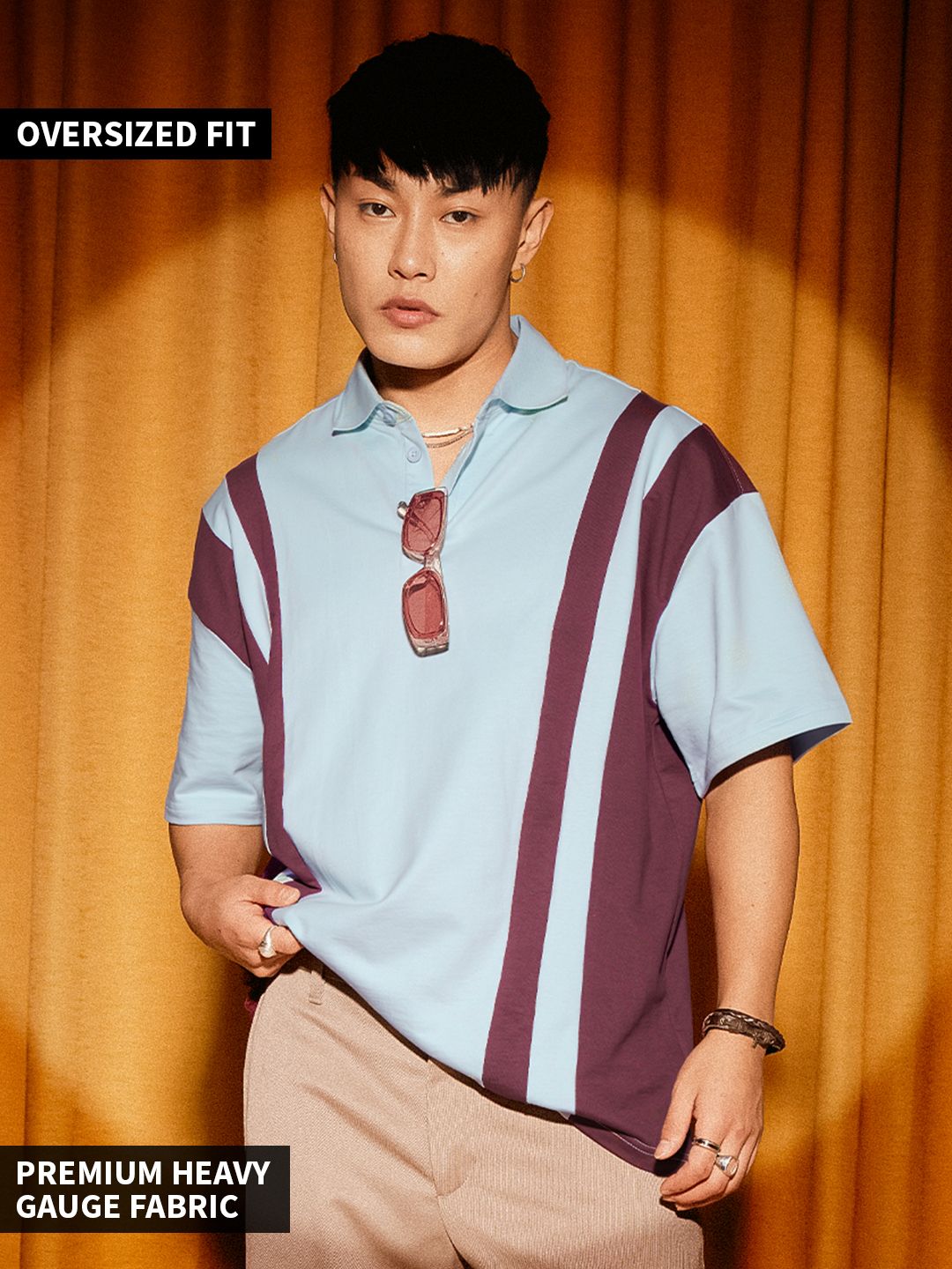Buy Solids: Light Blue & Brown Oversized Polo Online