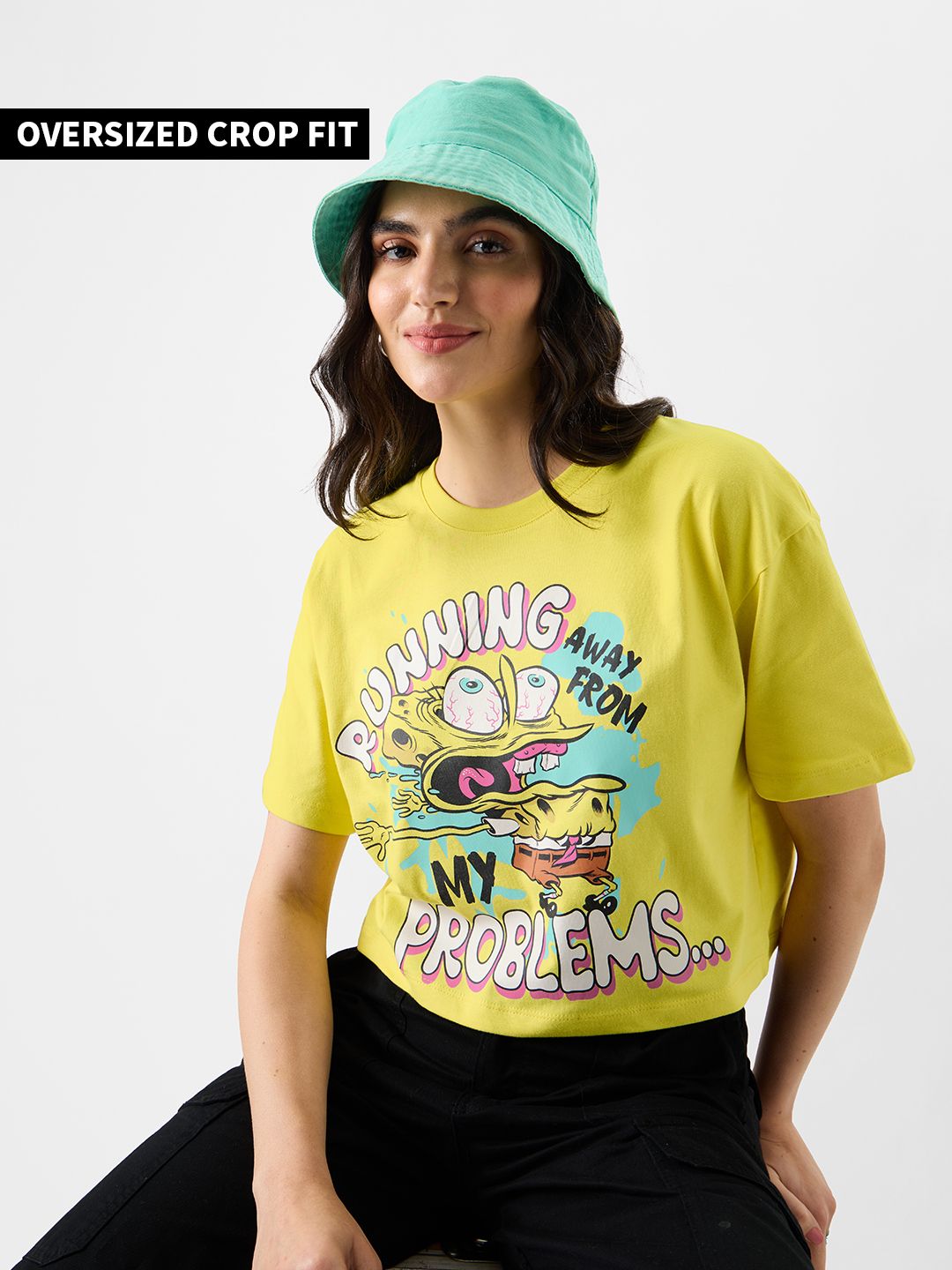 Buy Spongebob Running Away Women Oversized Cropped TShirts