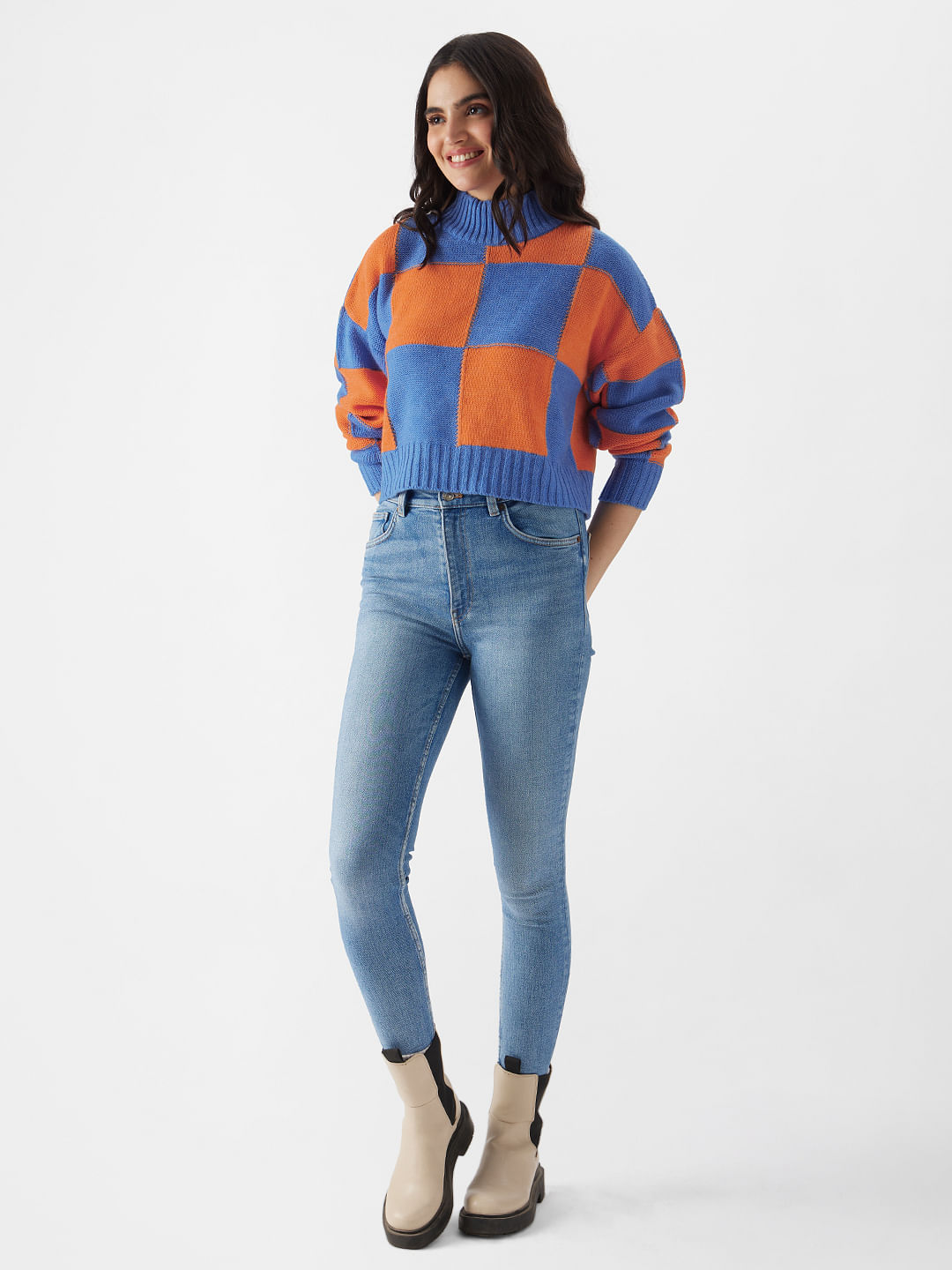 Buy Solids: Pink, Green (Colourblock) Womens Turtle Neck Sweaters Online
