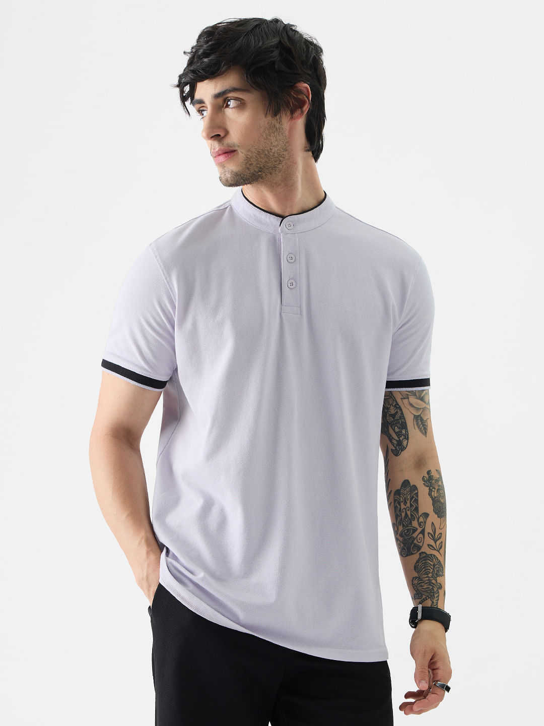 Buy Solids Mandarin Polo: Navy Blue Mandarin Polos online at The Souled ...