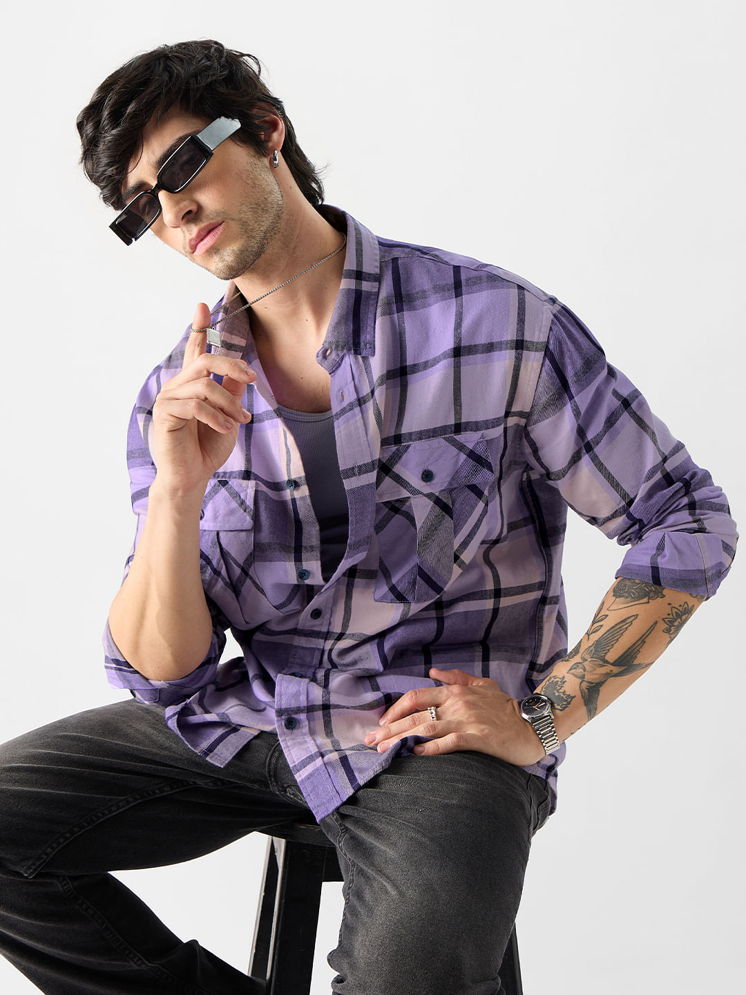 Buy Plaid: Purple And Black Men Relaxed Shirt Online