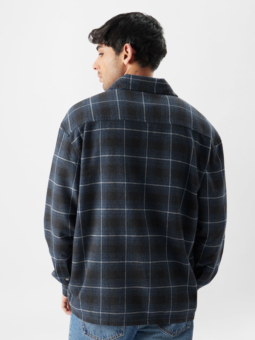 Buy Plaid: Black and Blue Mens Zipper Shackets Online