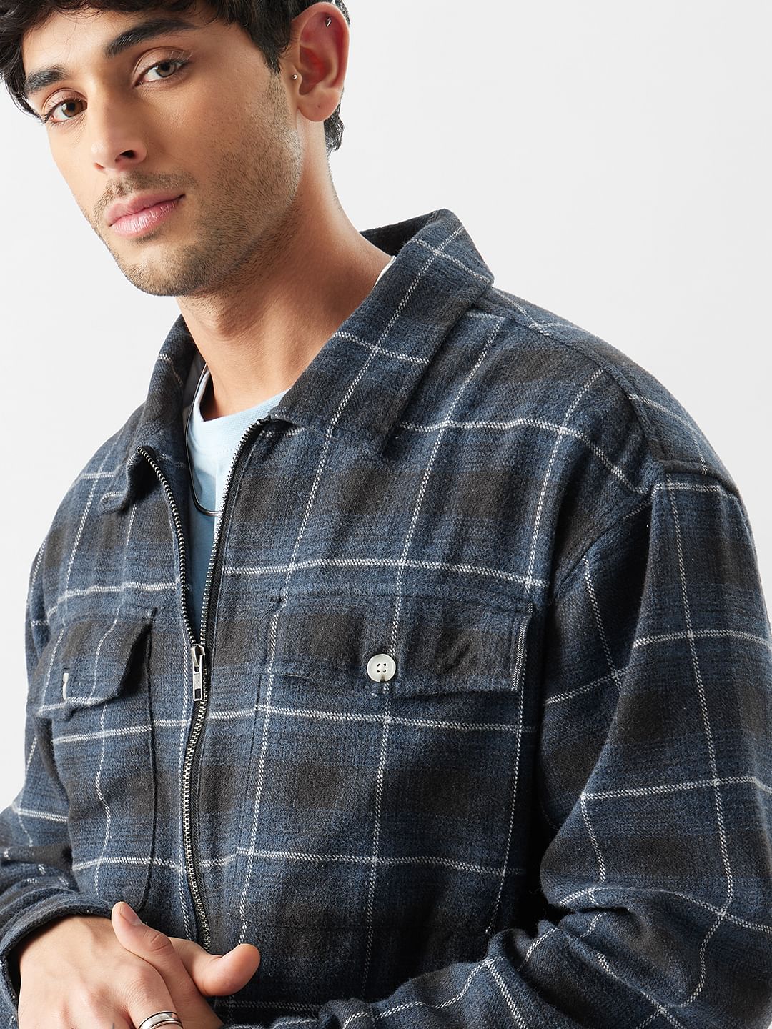 Buy Plaid: Black and Blue Mens Zipper Shackets Online