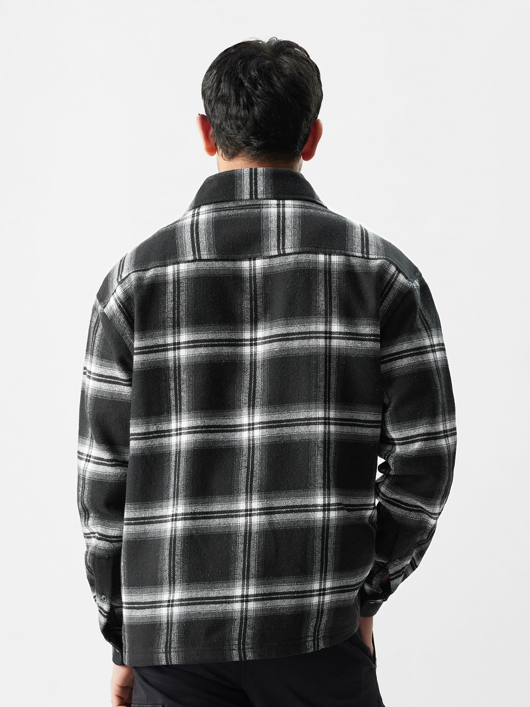 Buy Plaid: Black and White Mens Zipper Shackets Online