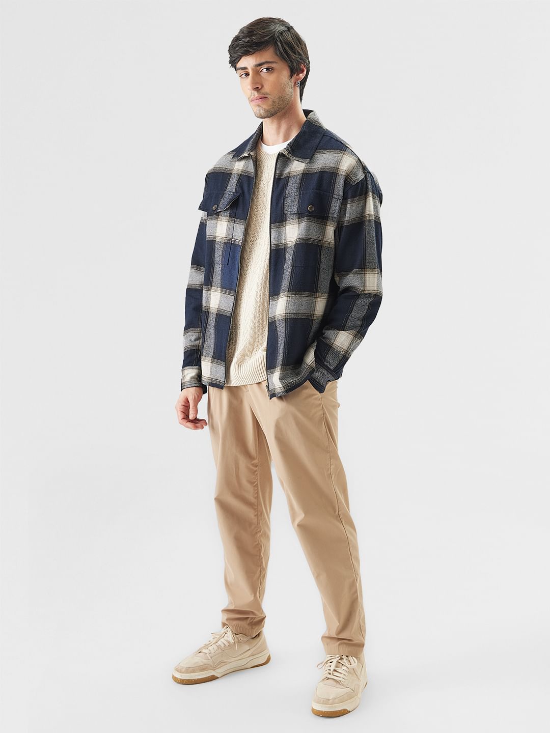 Buy Plaid: Blue and Grey Mens Zipper Shackets Online