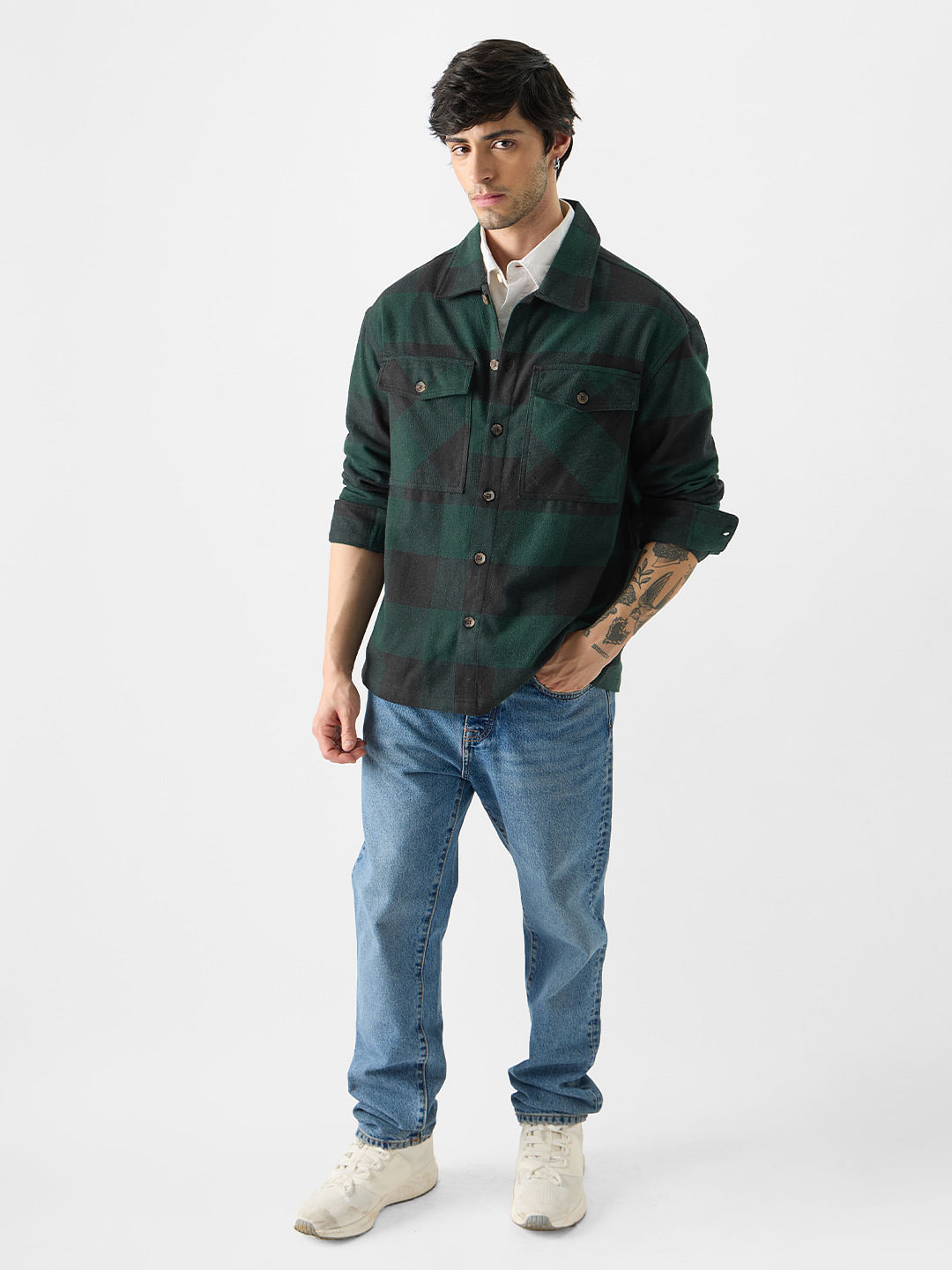 Buy Plaid: Black and Green Mens Button Shacket Online