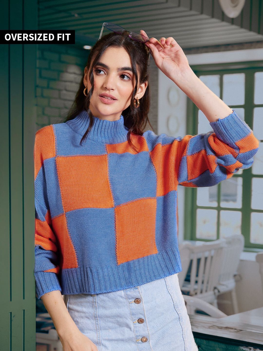 Buy Solids Pink, Green (Colourblock) Womens Turtle Neck Sweaters Online