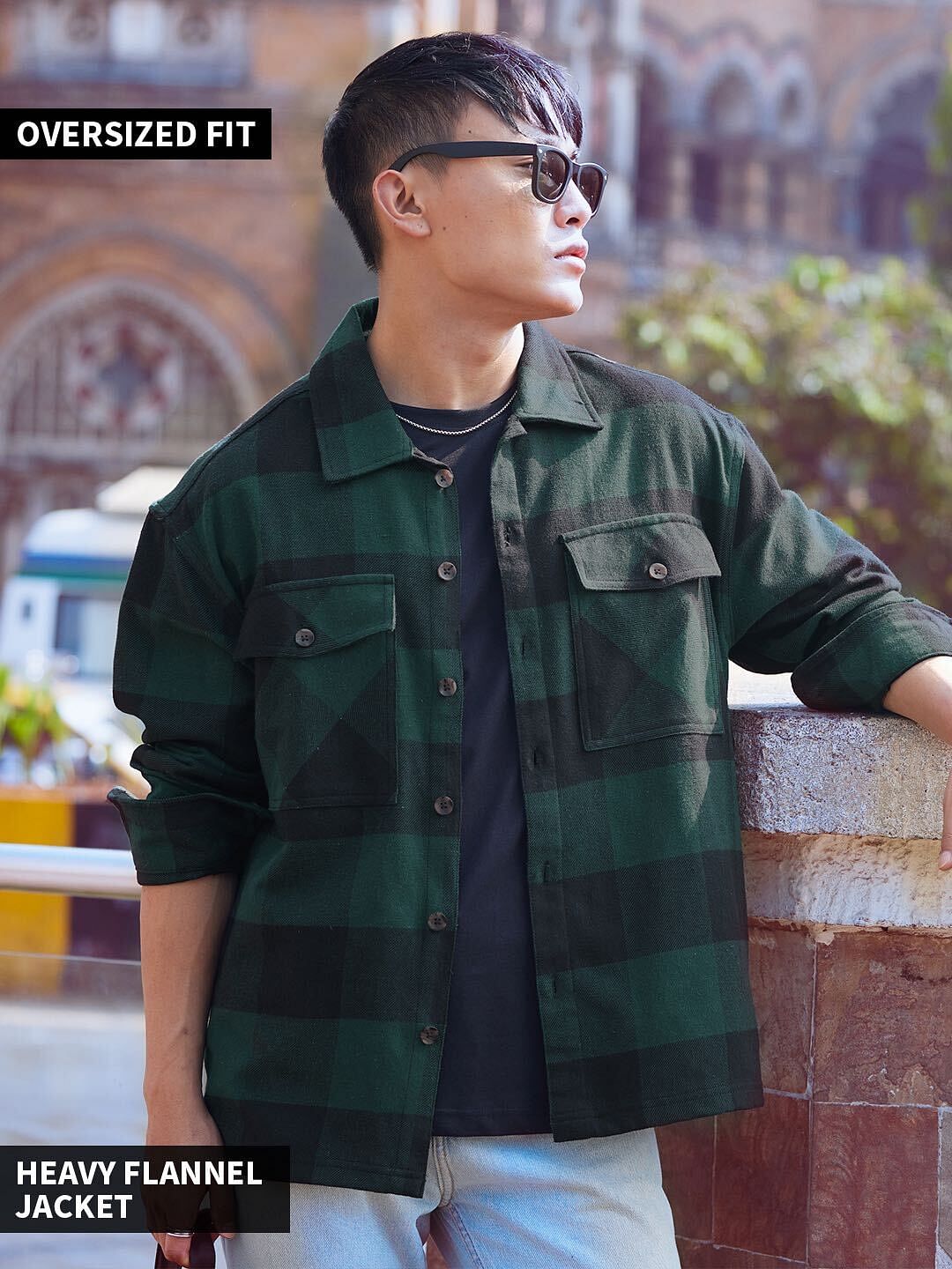 Buy Plaid: Black and Green Mens Button Shacket Online