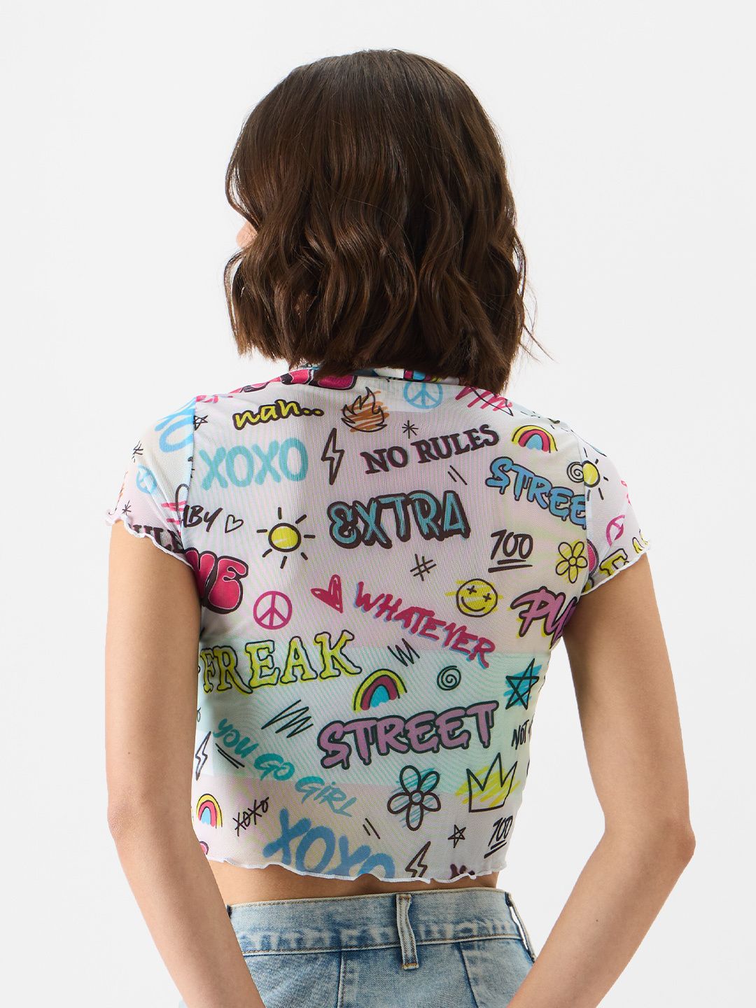 Buy Mesh Top: Graffiti Pattern Women Cropped Tops