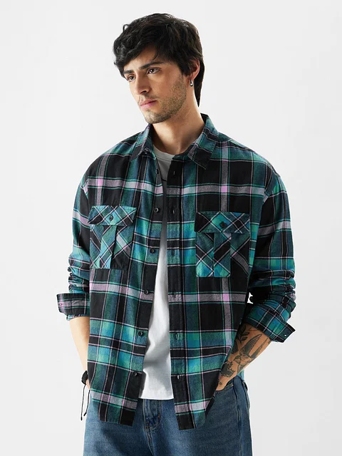 Buy Plaid: Violet, Black And White Men Relaxed Shirt Online