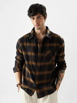 Plaid: Brown Mustard And Black Men Relaxed Shirts Online