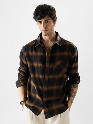 Plaid: Brown Mustard And Black Men Relaxed Shirts Online