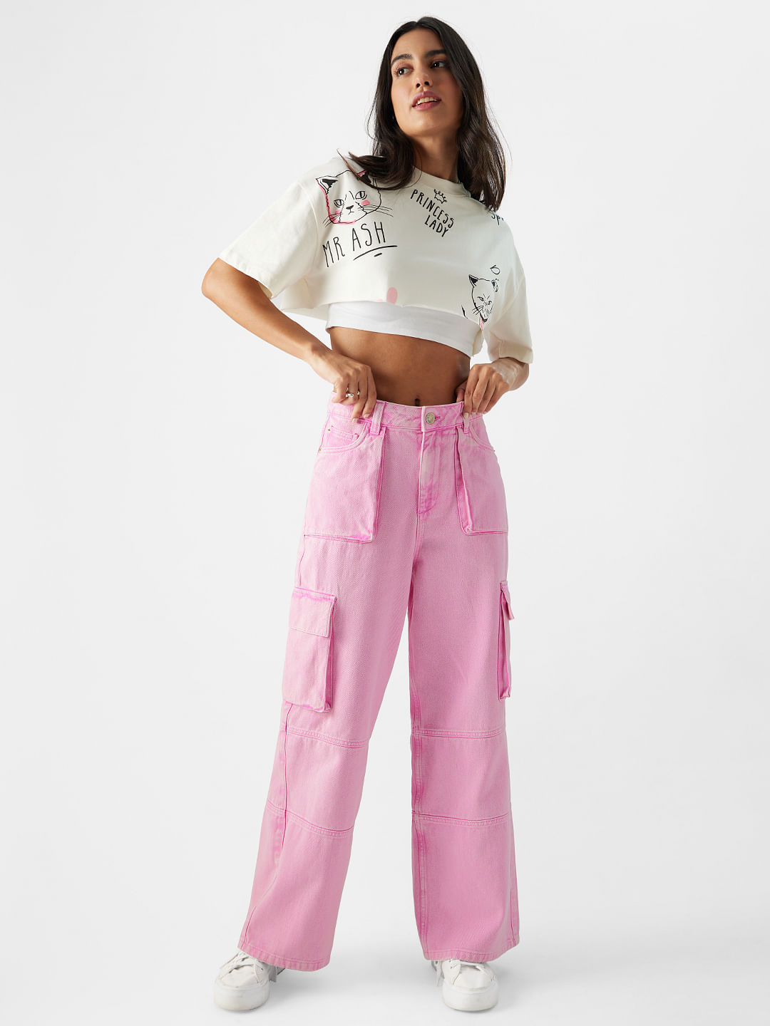Buy Solids: Sangria Pink (Wide leg fit) Womens Jeans Online.