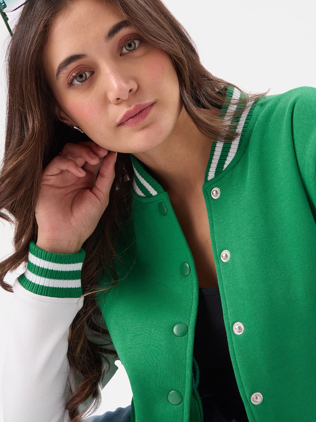 Buy Solids: Green, White (Colourblock) Women Varsity Jackets online at ...