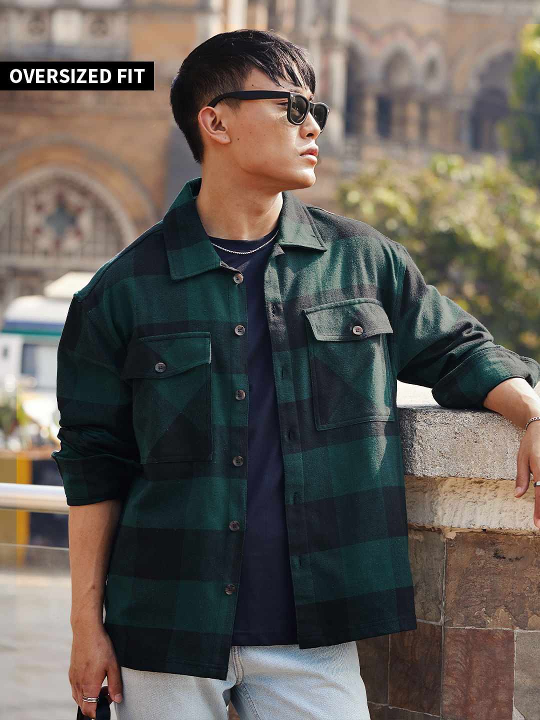 Buy Plaid: Black and Green Mens Button Shacket Online