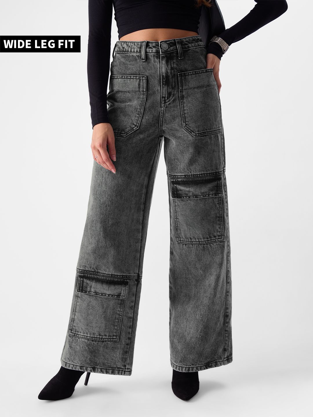 Buy Solids Grey Cloud Wash (Wide leg fit) Womens Jeans Online.