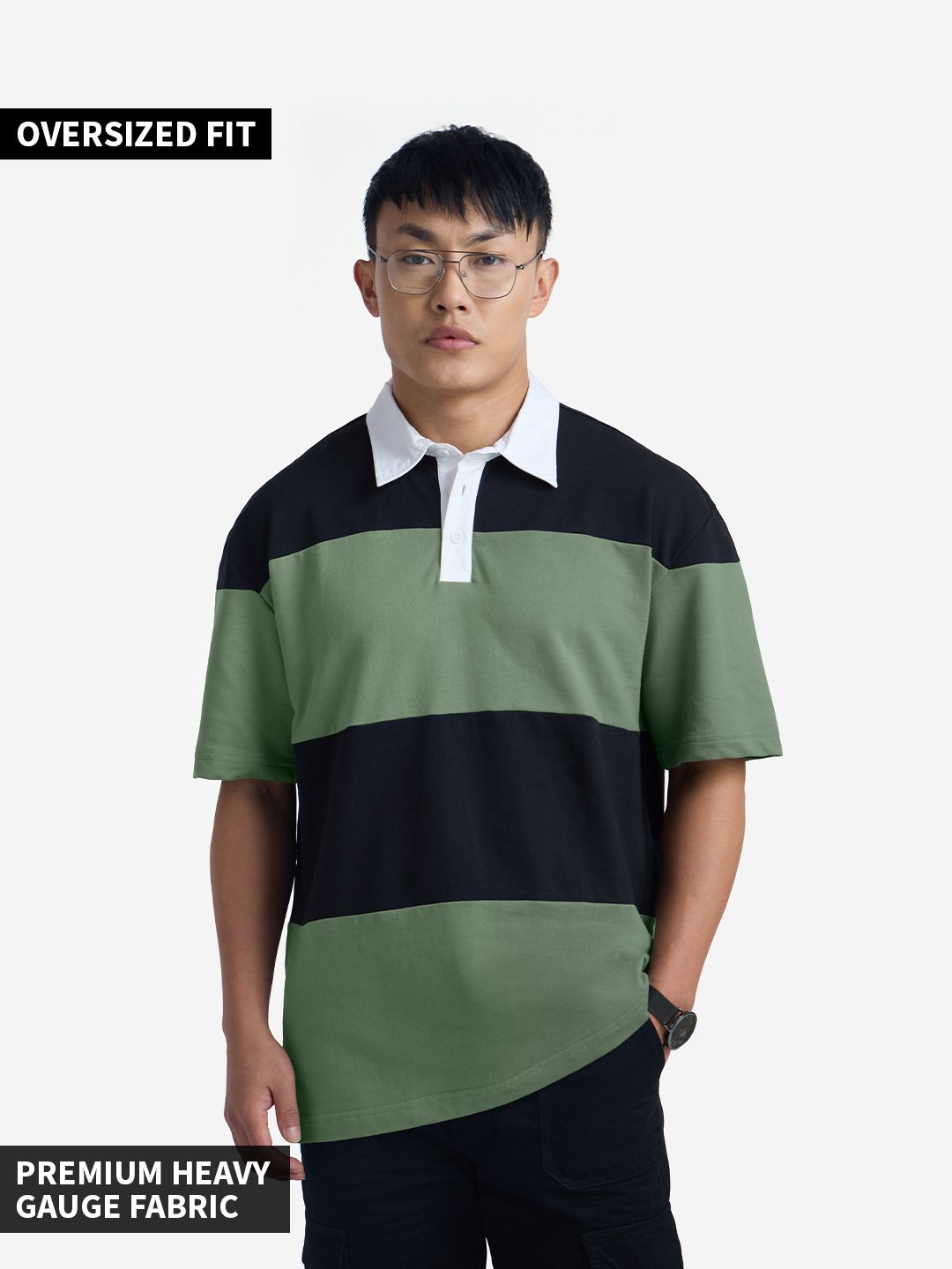 Buy Solids Sage Green, Black Colourblock Oversized Polo Online