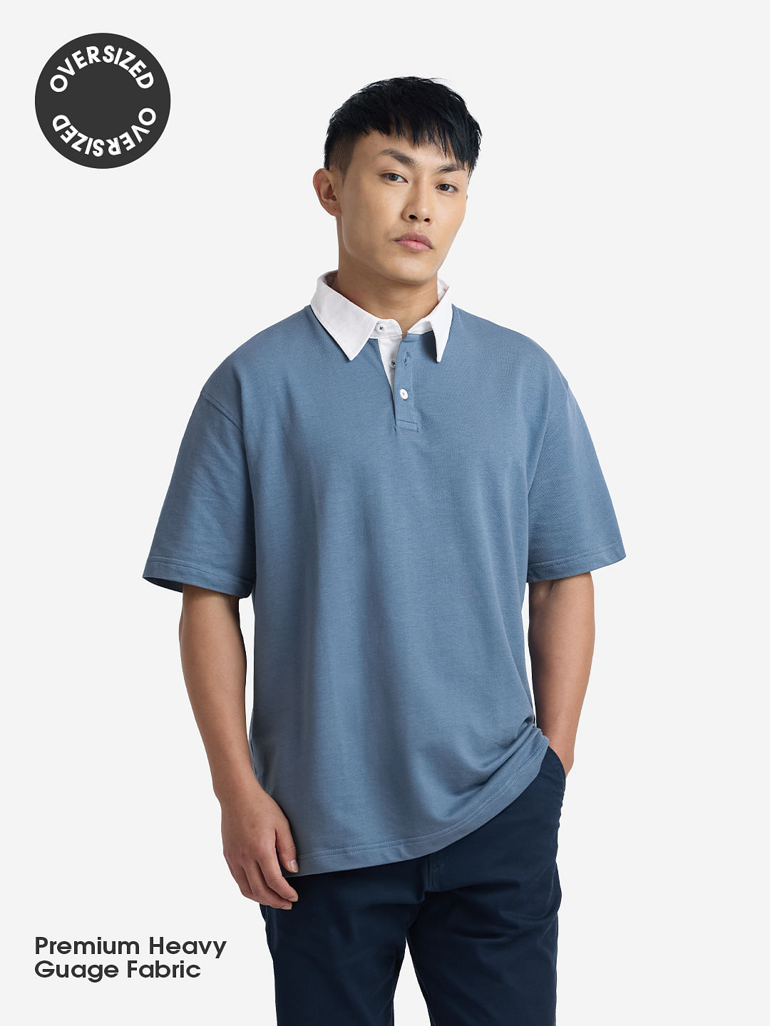 Buy Solids: Denim Blue Oversized Polos T-Shirts Online