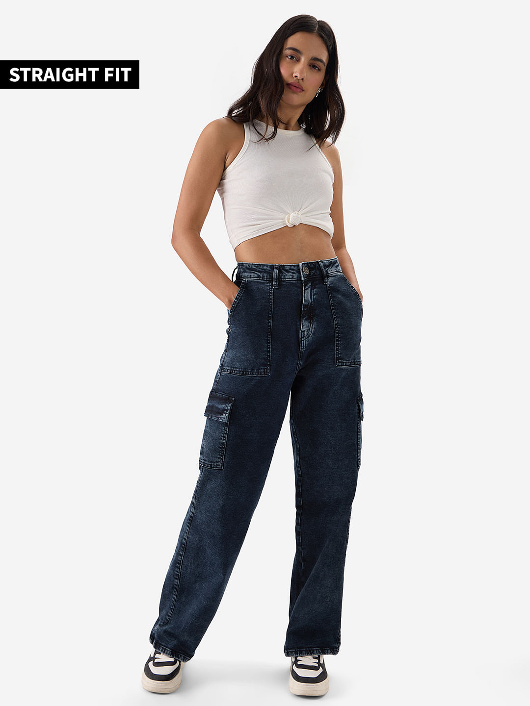 Buy Solids: Blue Women Cargo Jeans Online