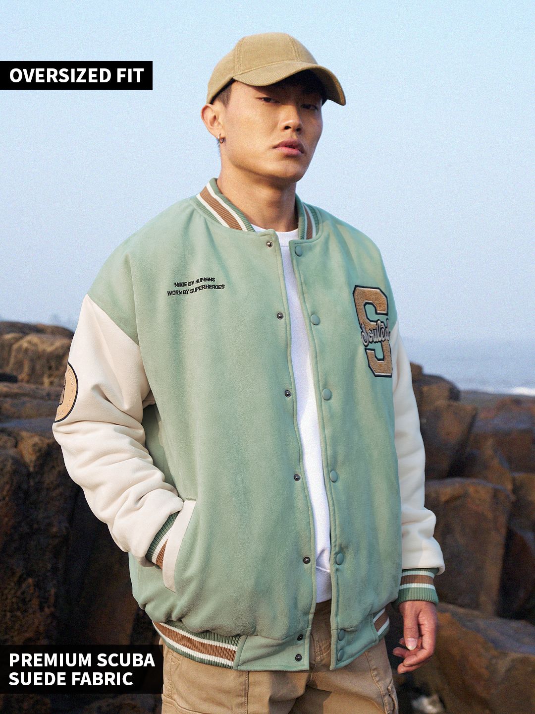 Buy Solids Light Green Men Oversized Varsity Jacket Online