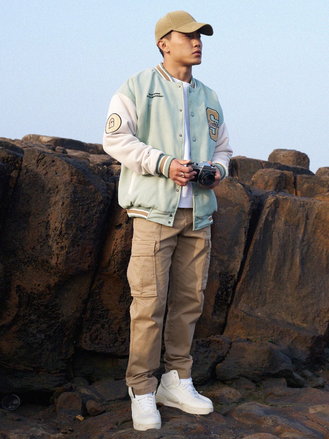 Buy Solids Light Green Men Oversized Varsity Jacket Online