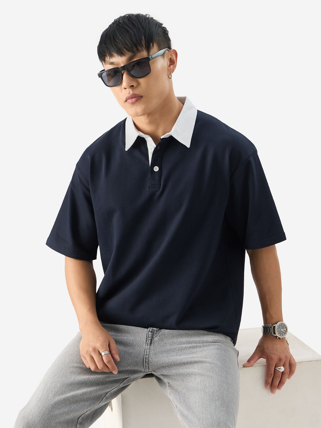 Buy Solid: Navy Blue Men Overized Polos Online