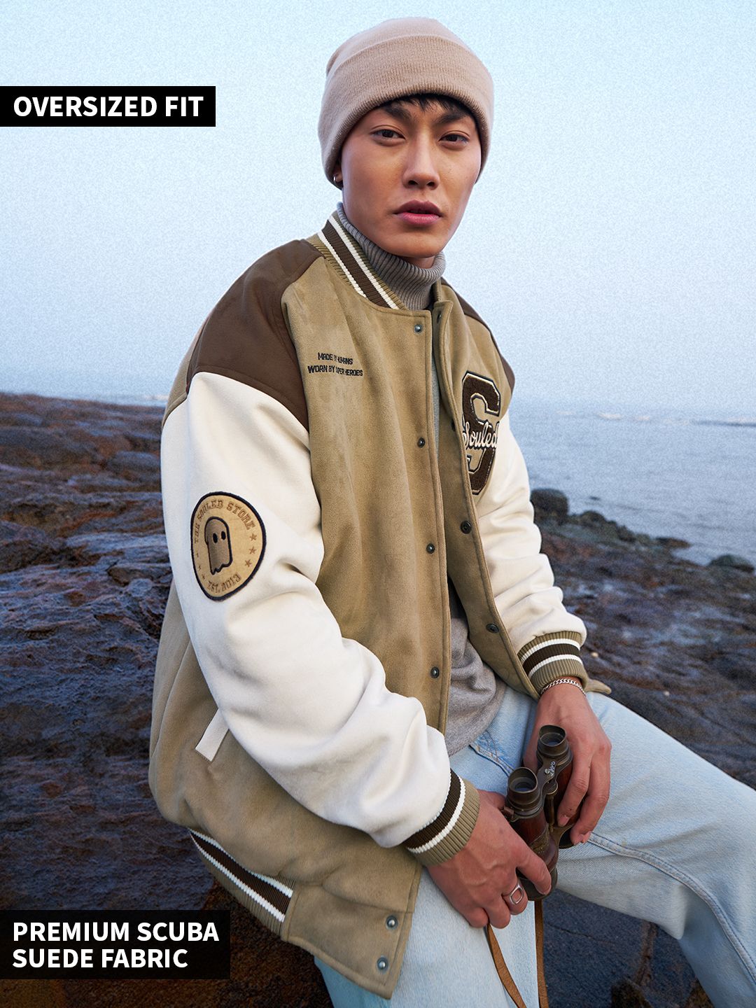 Buy Solids: Beige Men Oversized Varsity Jacket Online