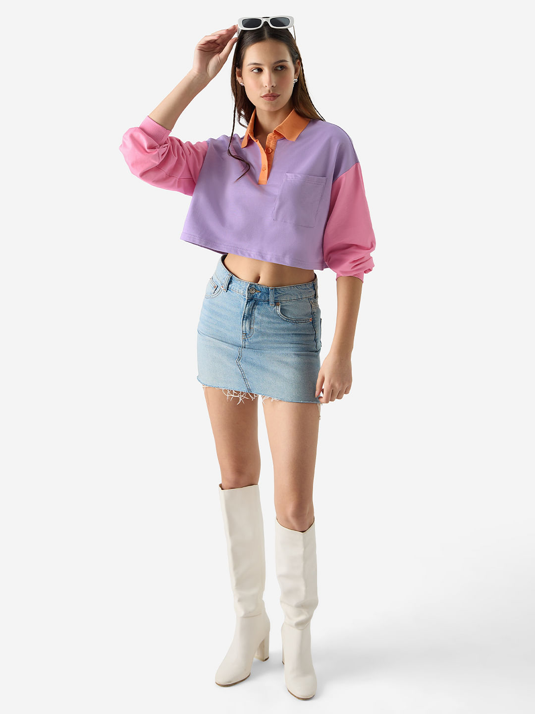 Buy Solids: Lavender & Pink Colourblock Women Cropped Rugby Polo