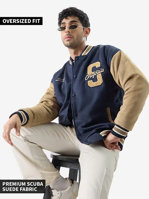 Buy Solids: Navy Men Oversized Varsity Jacket Online