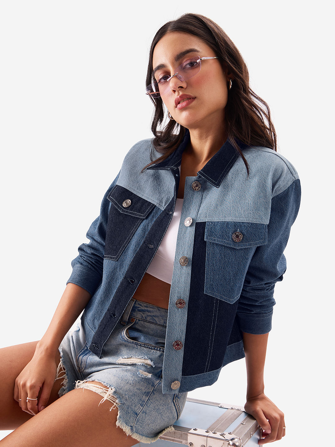 Buy Denims: Shades of blue (Colourblock) Women Denim Jacket Online