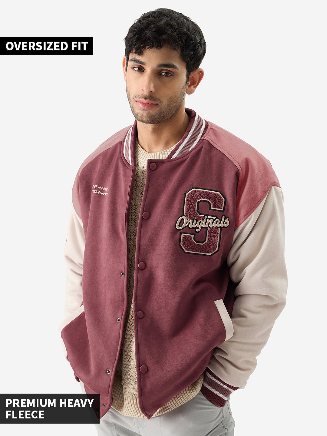 Buy Solids: Pink Men Oversized Varsity Jacket Online