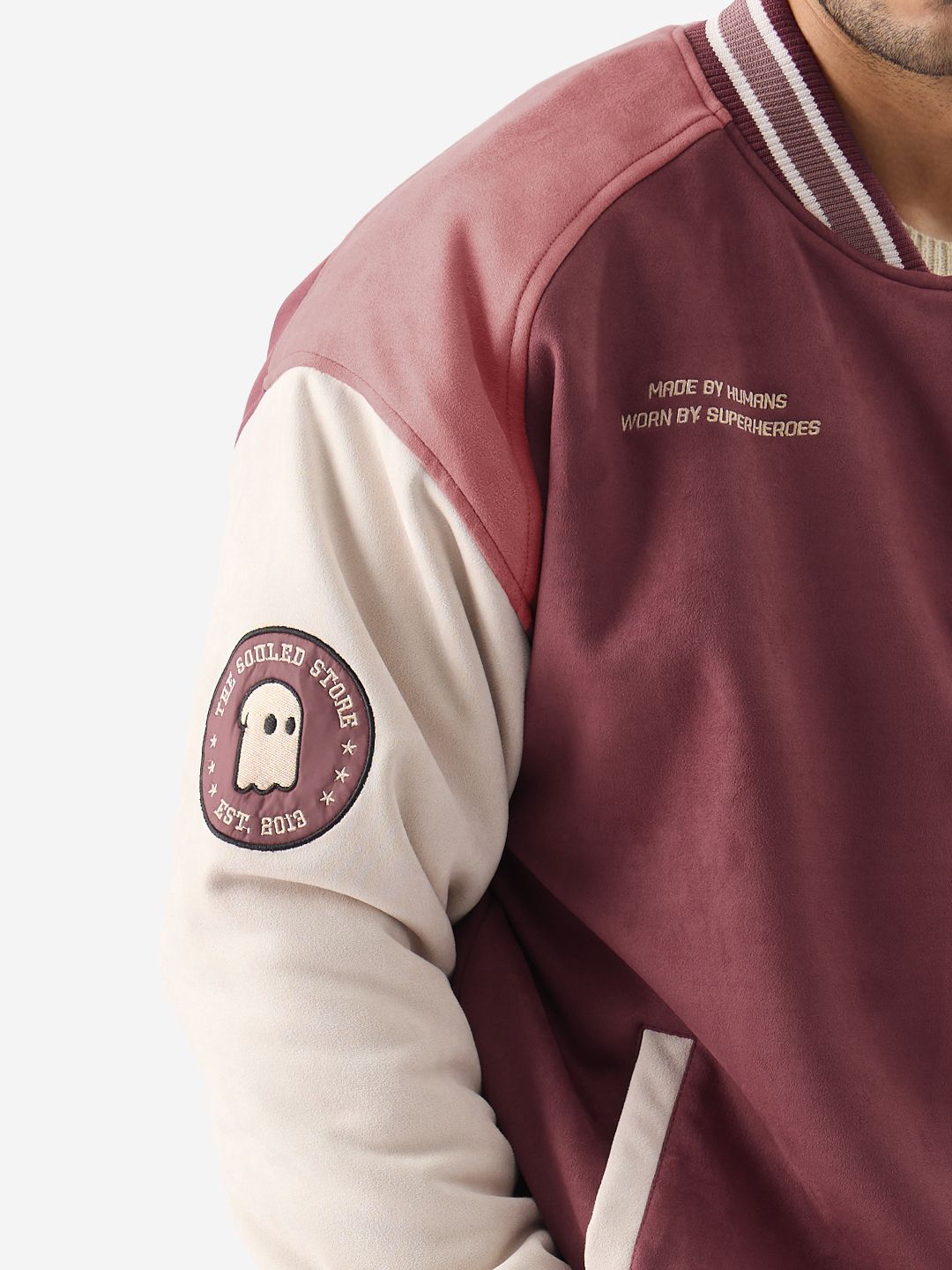 Buy Solids Pink Men Oversized Varsity Jacket Online