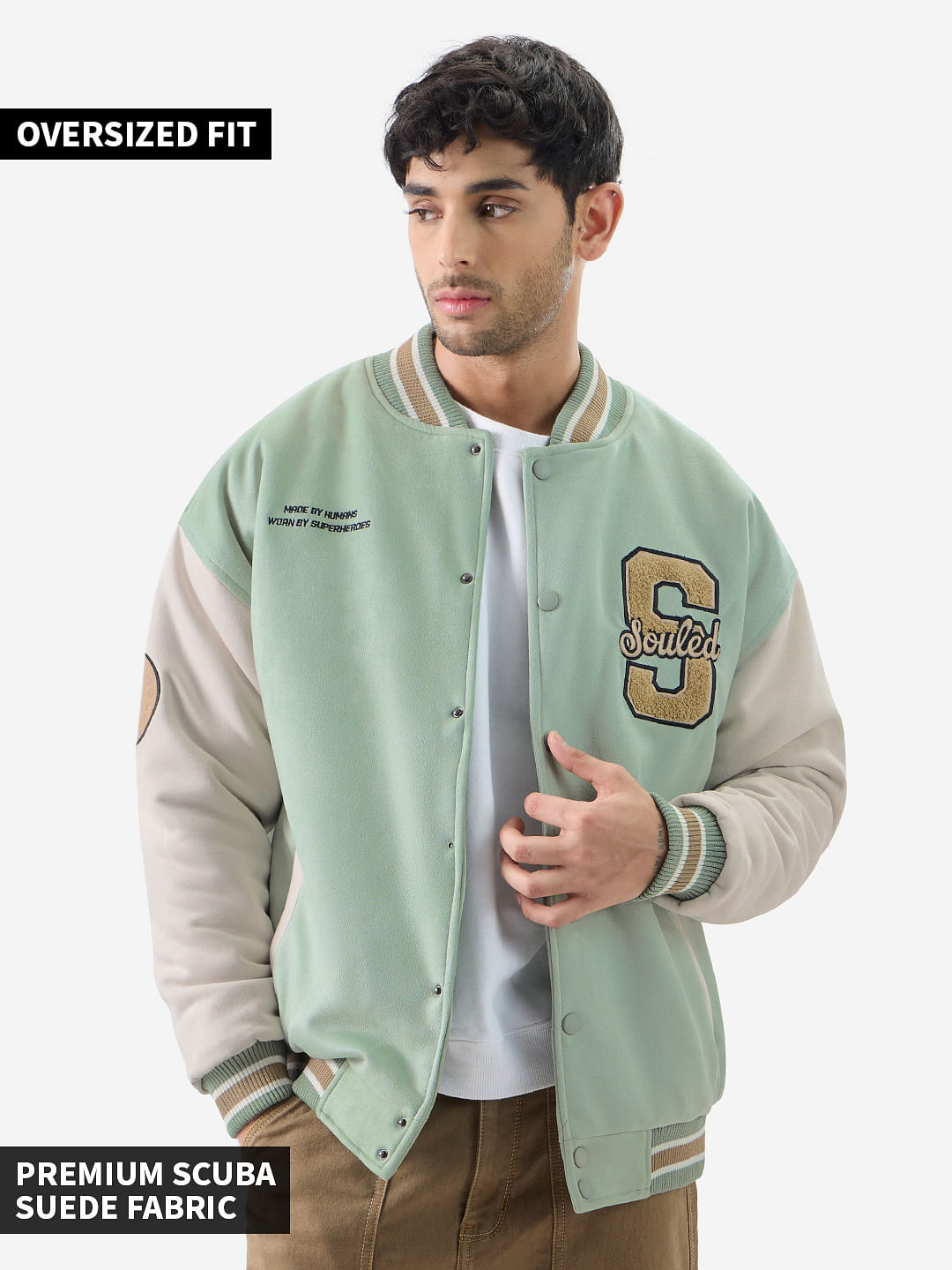 Buy Solids: Light Green Men Oversized Varsity Jacket Online