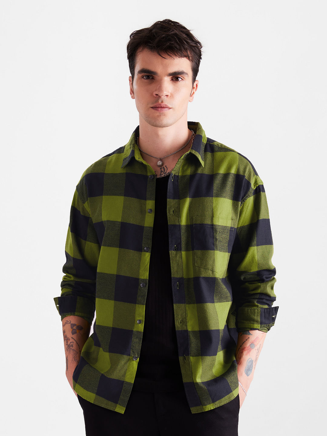 Buy Plaid: Green And Black Men Relaxed Shirts Online