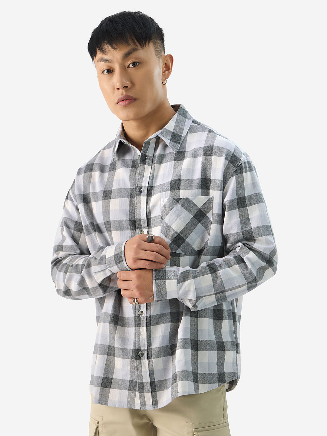 Buy Plaid: Charcoal Mist Men Relaxed Shirts Online