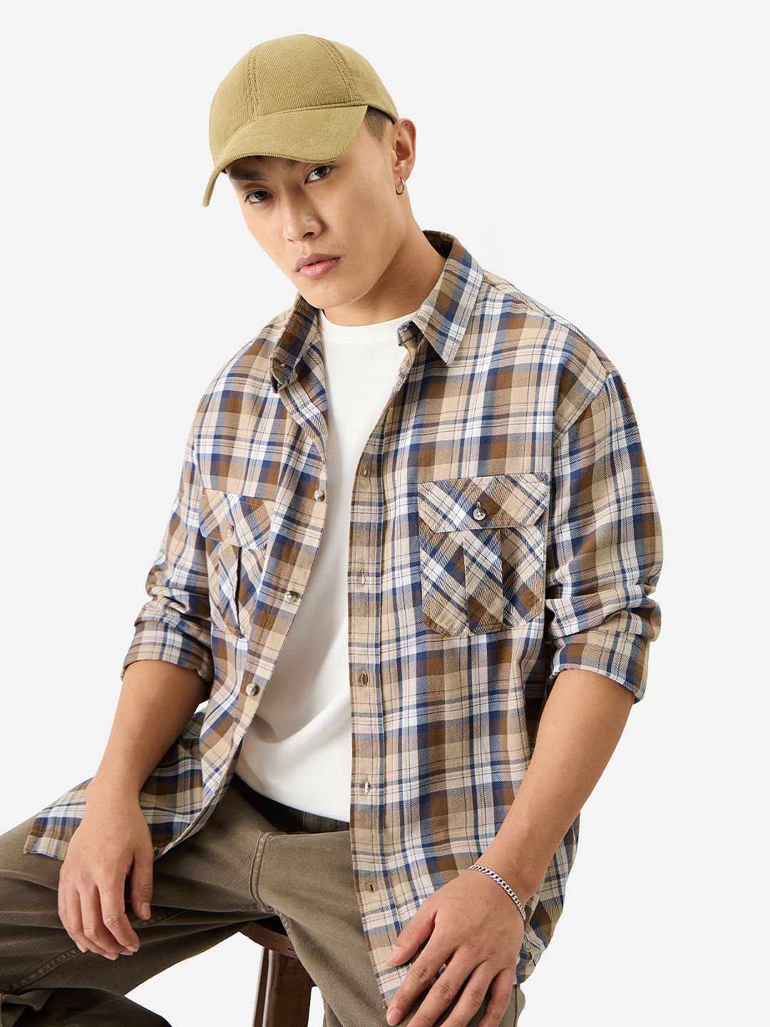 Buy Plaid Brown Bisque Men Utility Shirts Online